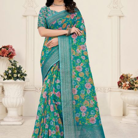 Digital Floral Print Jungle Green Crush Silk Saree with Intricate Zari Woven Border