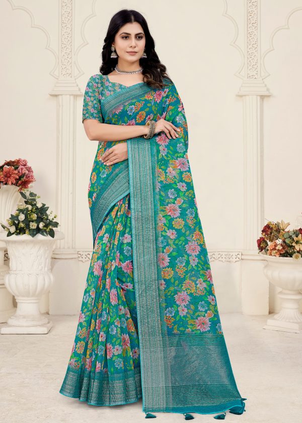 Digital Floral Print Jungle Green Crush Silk Saree with Intricate Zari Woven Border