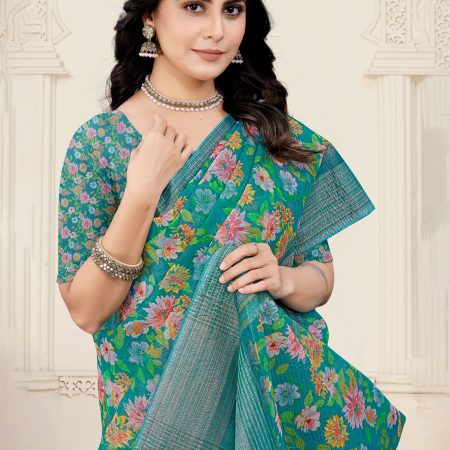 DigitalFloralPrintTealCrushSilkSareewithIntricateZariWovenBorder-CrushPrints9112Teal2