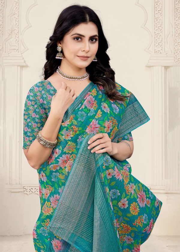 Digital Floral Print Jungle Green Crush Silk Saree with Intricate Zari Woven Border