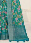 Digital Floral Print Jungle Green Crush Silk Saree with Intricate Zari Woven Border