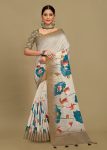 Elegant Cream Linen Silk Saree with Floral Design, Zari Border, and Tassel Detailing