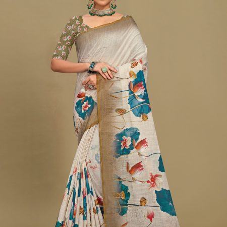 Elegant Cream Linen Silk Saree with Floral Design, Zari Border, and Tassel Detailing