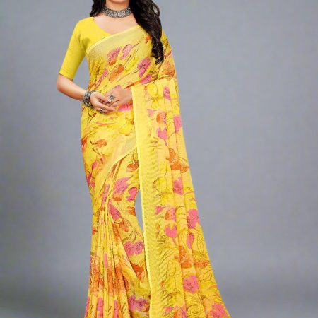 Elegant Yellow Floral Abstract Printed Chiffon Saree with Defined Border