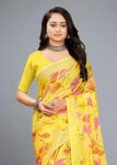 Elegant Yellow Floral Abstract Printed Chiffon Saree with Defined Border