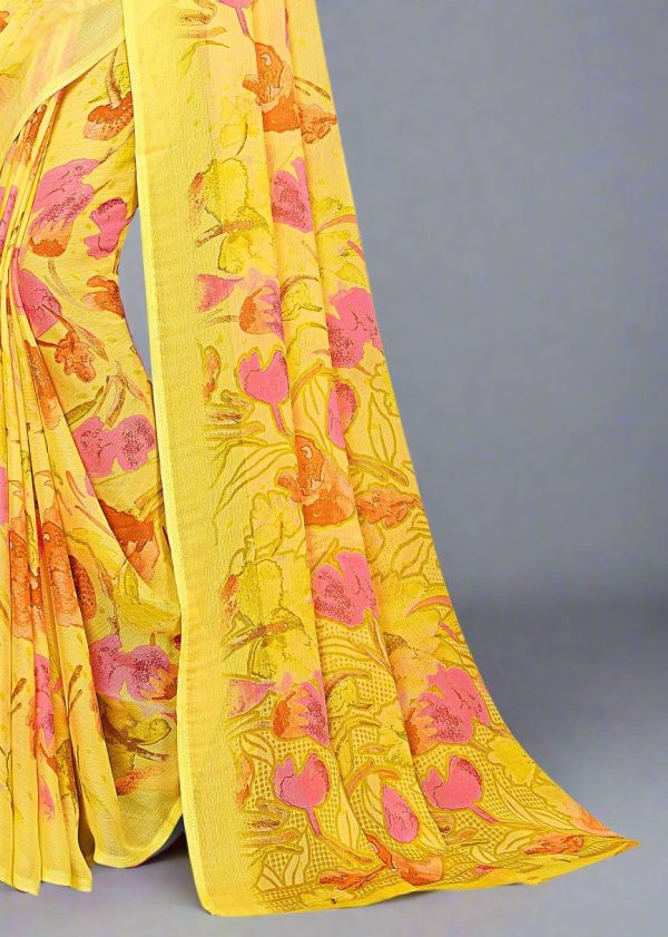 Elegant Yellow Floral Abstract Printed Chiffon Saree with Defined Border