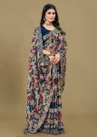 Embroidered Navy Blue Silk Georgette Saree Featuring Floral Prints and Cutwork Detailing