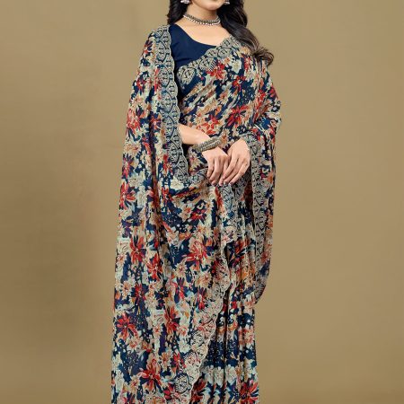 Embroidered Navy Blue Silk Georgette Saree Featuring Floral Prints and Cutwork Detailing