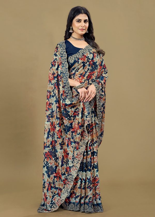 Embroidered Navy Blue Silk Georgette Saree Featuring Floral Prints and Cutwork Detailing