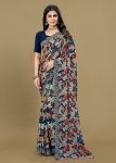 Embroidered Navy Blue Silk Georgette Saree Featuring Floral Prints and Cutwork Detailing