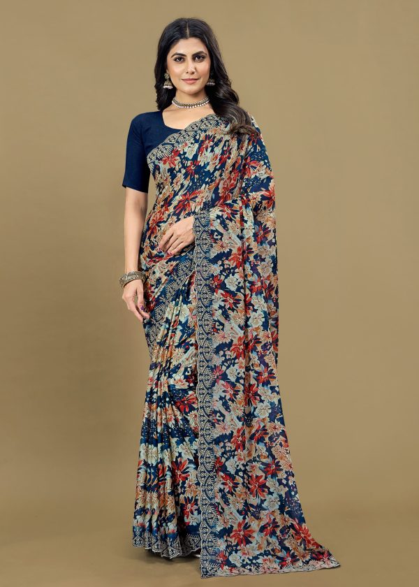 Embroidered Navy Blue Silk Georgette Saree Featuring Floral Prints and Cutwork Detailing