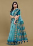 Ethnic Motif Sky Blue Saree with Digital Prints, Zari Woven Border, and Tassels