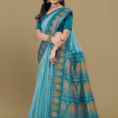 Ethnic Motif Sky Blue Saree with Digital Prints, Zari Woven Border, and Tassels