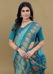 Ethnic Motif Sky Blue Saree with Digital Prints, Zari Woven Border, and Tassels