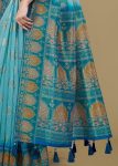 Ethnic Motif Sky Blue Saree with Digital Prints, Zari Woven Border, and Tassels