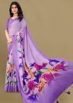 Floral-Printed Lavender Linen Silk Saree with Exquisite Zari Woven Border