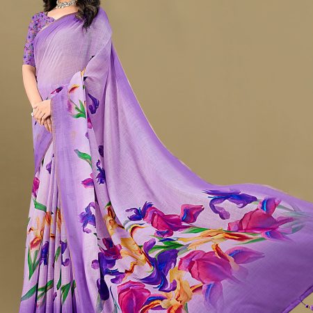 Floral-Printed Lavender Linen Silk Saree with Exquisite Zari Woven Border