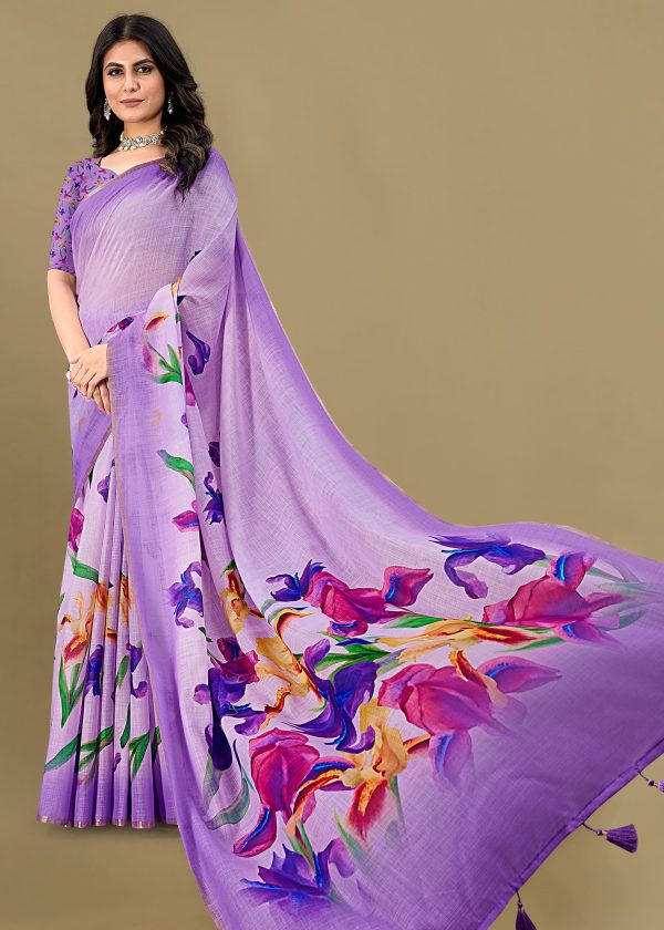 Floral-Printed Lavender Linen Silk Saree with Exquisite Zari Woven Border