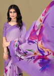 Floral-Printed Lavender Linen Silk Saree with Exquisite Zari Woven Border