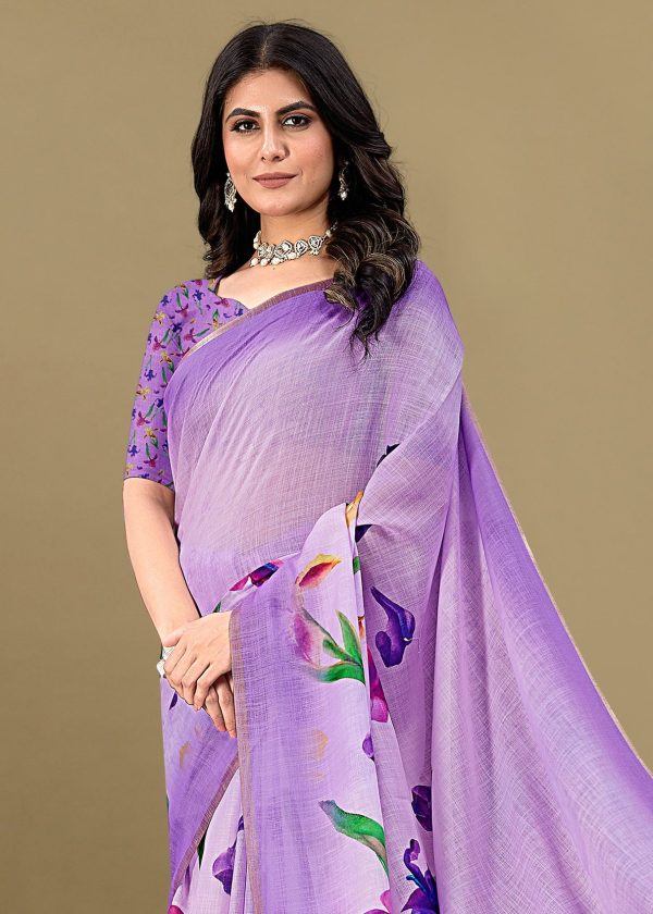 Floral-Printed Lavender Linen Silk Saree with Exquisite Zari Woven Border