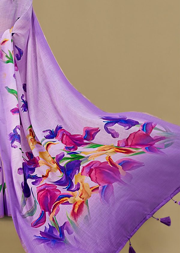 Floral-Printed Lavender Linen Silk Saree with Exquisite Zari Woven Border