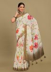 Floral Cream Linen Silk Saree with Zari Woven Border and Elegant Tassels