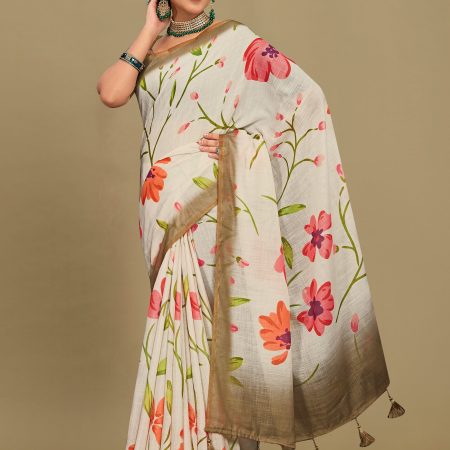 Floral Cream Linen Silk Saree with Zari Woven Border and Elegant Tassels