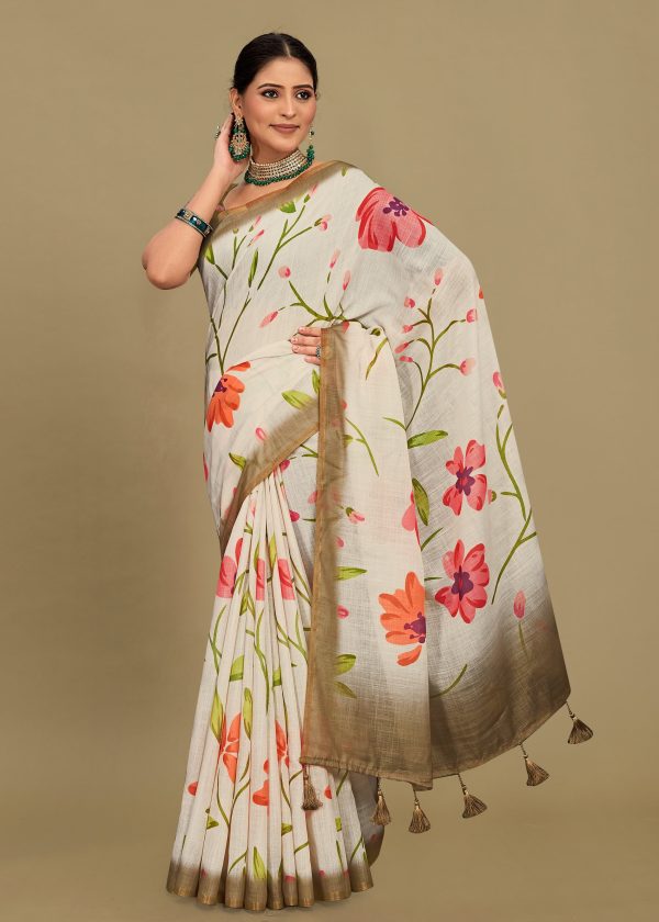 Floral Cream Linen Silk Saree with Zari Woven Border and Elegant Tassels