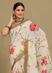 Floral Cream Linen Silk Saree with Zari Woven Border and Elegant Tassels