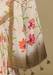 Floral Cream Linen Silk Saree with Zari Woven Border and Elegant Tassels