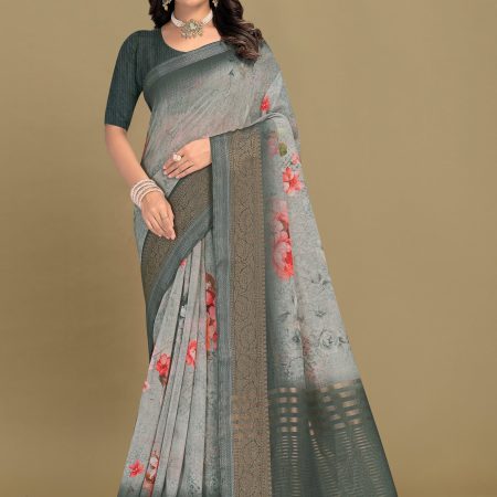 Light Grey Silk Linen Saree with Floral Prints, Chit Pallu, and Zari Woven Border