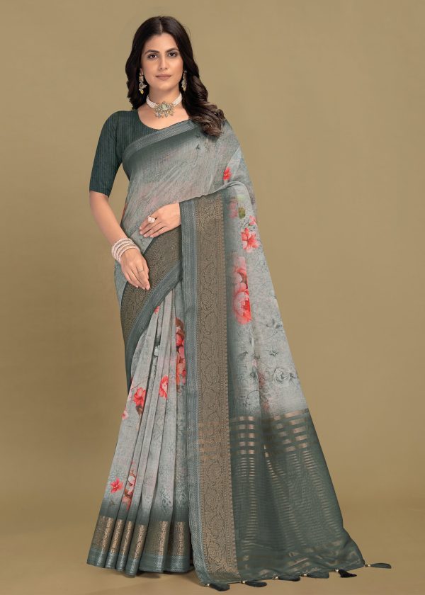 Light Grey Silk Linen Saree with Floral Prints, Chit Pallu, and Zari Woven Border