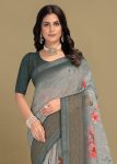 Light Grey Silk Linen Saree with Floral Prints, Chit Pallu, and Zari Woven Border