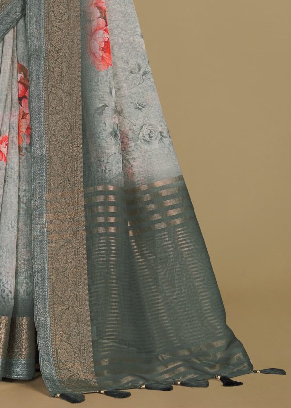 Light Grey Silk Linen Saree with Floral Prints, Chit Pallu, and Zari Woven Border