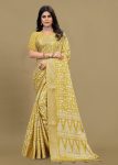 Graceful Lemon Yellow Saree with Ethnic Print, Foil Detailing, and Zari Woven Trim