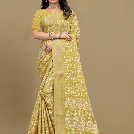 Graceful Lemon Yellow Saree with Ethnic Print, Foil Detailing, and Zari Woven Trim