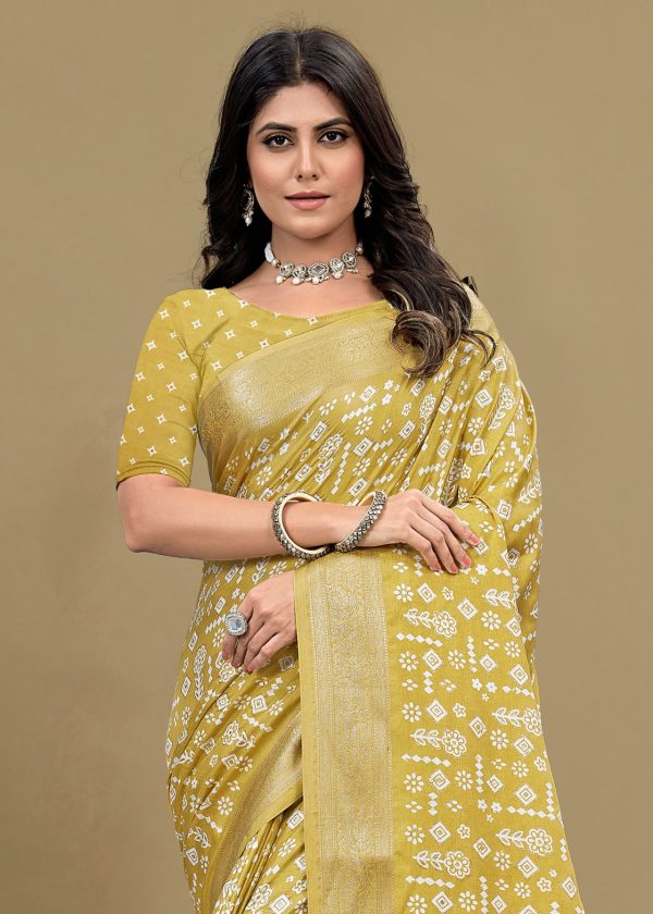 Graceful Lemon Yellow Saree with Ethnic Print, Foil Detailing, and Zari Woven Trim