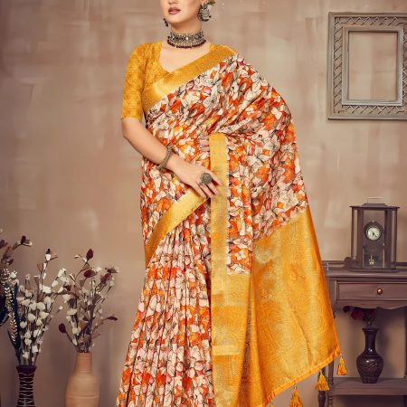 Graceful Orange-Yellow Saree with Bold Floral Prints, Luxurious Zari Borders and Butta Work