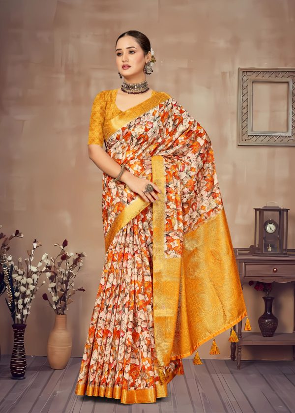 Graceful Orange-Yellow Saree with Bold Floral Prints, Luxurious Zari Borders and Butta Work