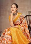 Graceful Orange-Yellow Saree with Bold Floral Prints, Luxurious Zari Borders and Butta Work