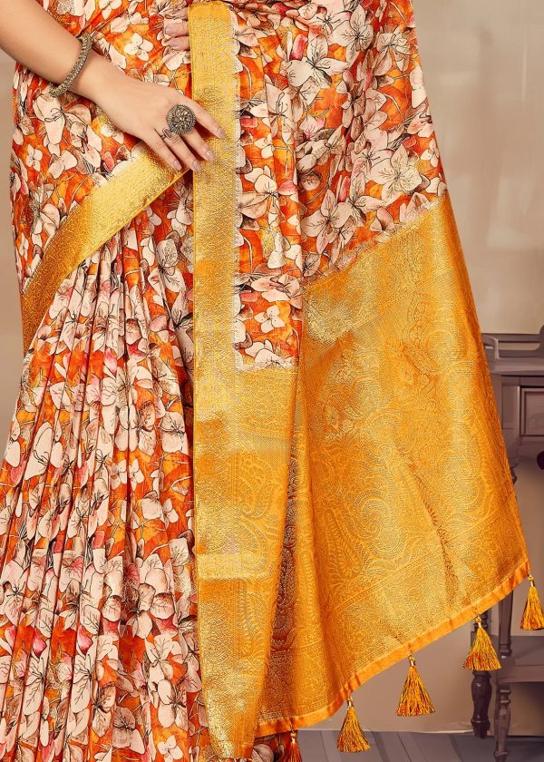 Graceful Orange-Yellow Saree with Bold Floral Prints, Luxurious Zari Borders and Butta Work