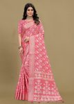 Graceful Pink Cotton Saree with Floral Print, Foil Detailing, and Zari Woven Border