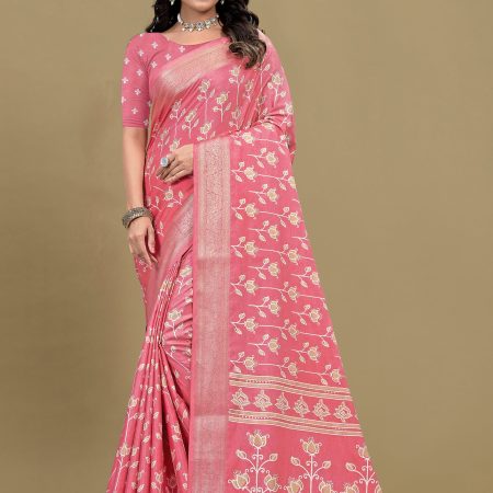 Graceful Pink Cotton Saree with Floral Print, Foil Detailing, and Zari Woven Border