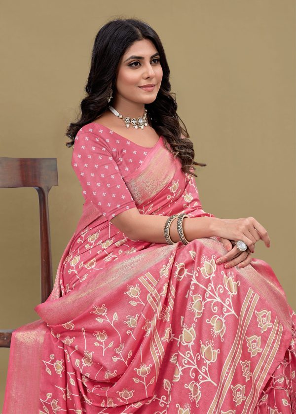 Graceful Pink Cotton Saree with Floral Print, Foil Detailing, and Zari Woven Border