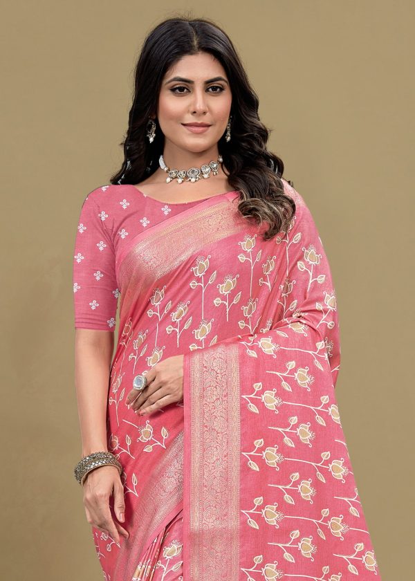 Graceful Pink Cotton Saree with Floral Print, Foil Detailing, and Zari Woven Border