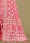 Graceful Pink Cotton Saree with Floral Print, Foil Detailing, and Zari Woven Border