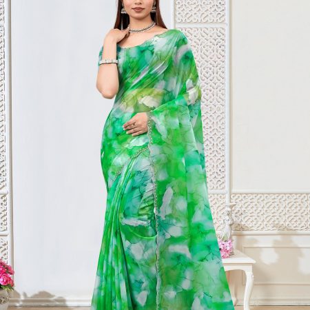 Green Abstract Print Fine Organza Saree with Intricately Embellished Border