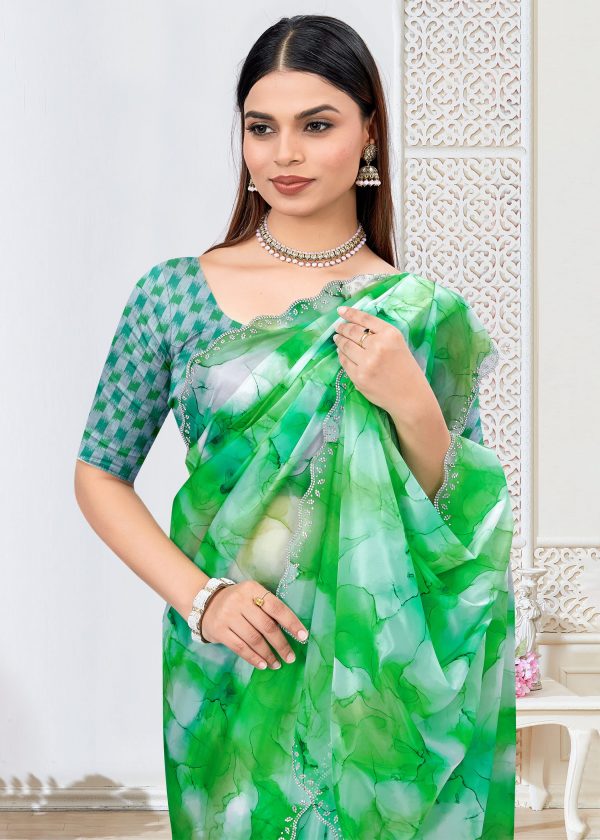 Green Abstract Print Fine Organza Saree with Intricately Embellished Border