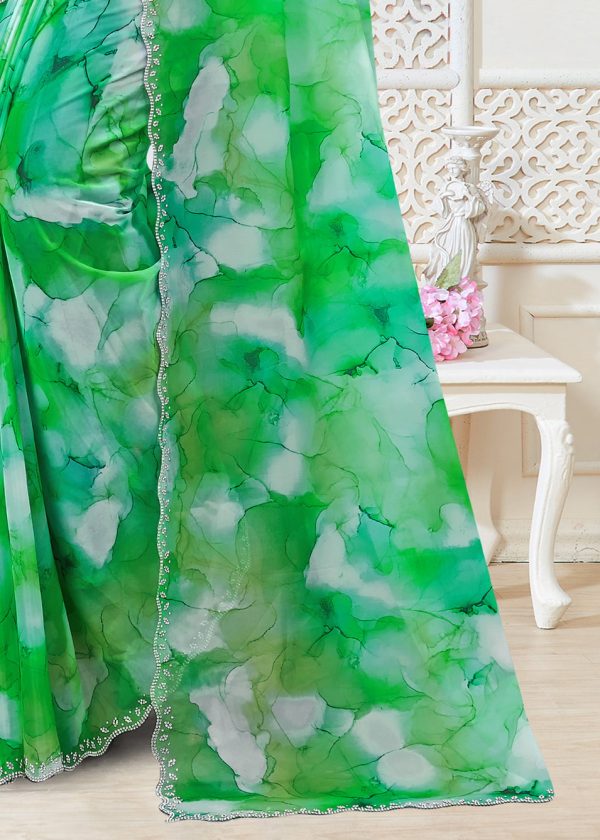 Green Abstract Print Fine Organza Saree with Intricately Embellished Border