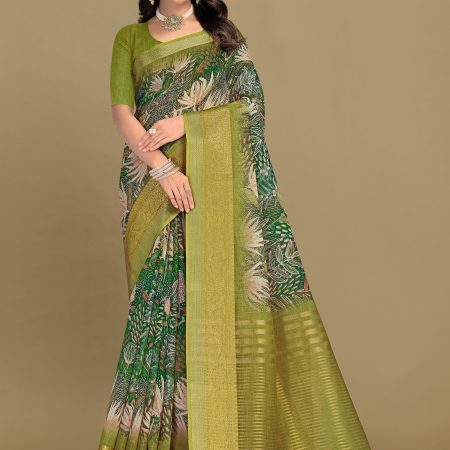 Green Silk Linen Saree with Zari Woven Border and Floral Print Chit Pallu